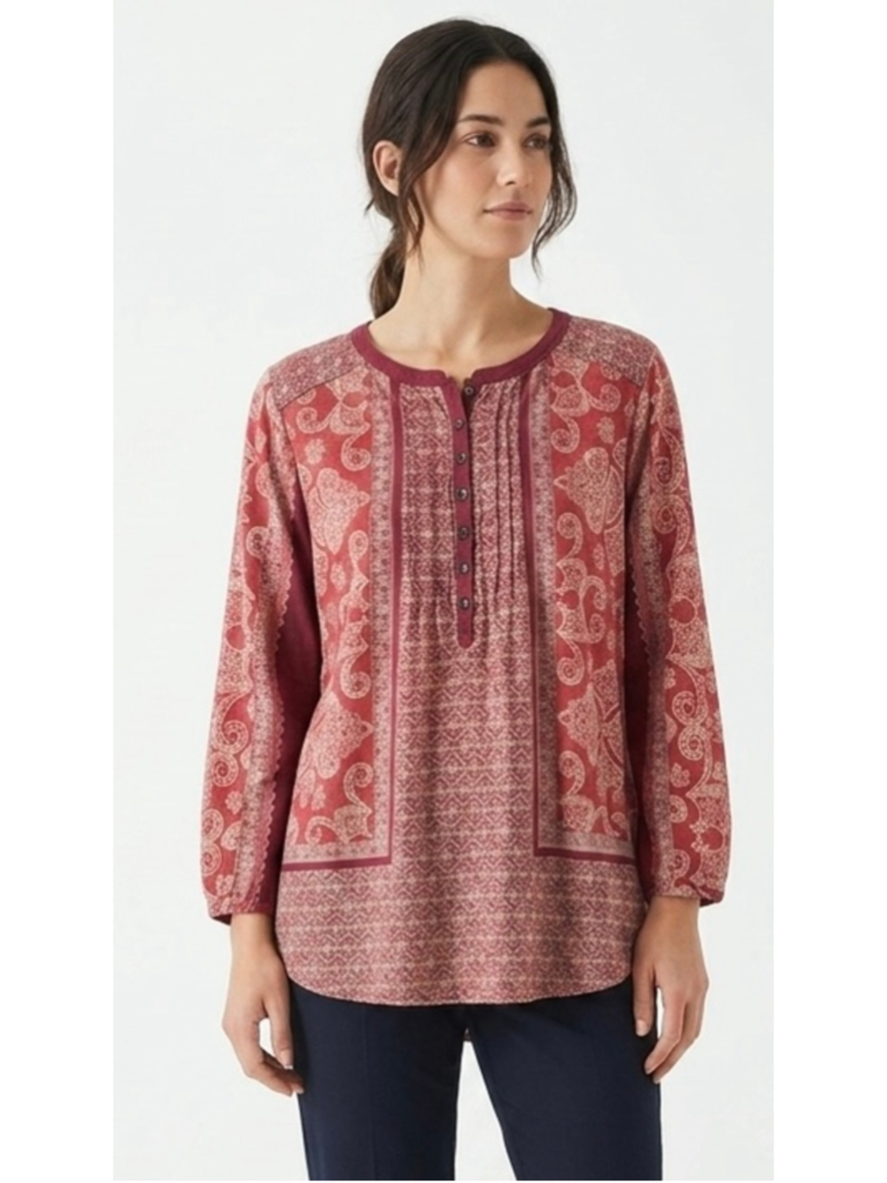 Lucky Brand Boho Paisley Henley Top Red Pink M
